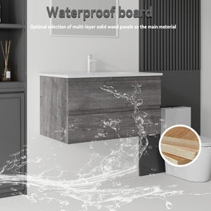 English Elm 36 Inch Floating Bathroom Vanity with Integrated Ceramic Sink and Soft Close Storage Grey B2775S00014