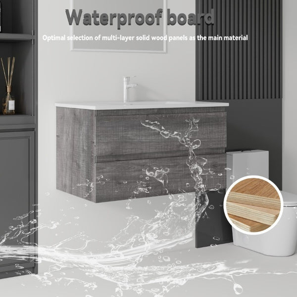 English Elm 36 Inch Floating Bathroom Vanity with Integrated Ceramic Sink and Soft Close Storage Grey B2775S00014
