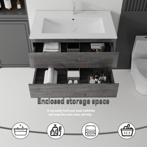 English Elm 36 Inch Floating Bathroom Vanity with Integrated Ceramic Sink and Soft Close Storage Grey B2775S00014