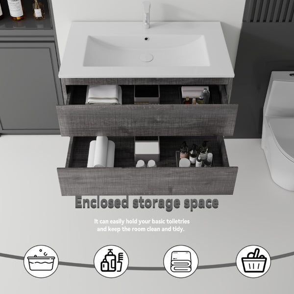English Elm 36 Inch Floating Bathroom Vanity with Integrated Ceramic Sink and Soft Close Storage Grey B2775S00014