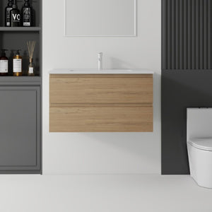 English Elm 36 Inch Floating Bathroom Vanity with Integrated Ceramic Sink and Soft Close Storage Oak B2775S00015