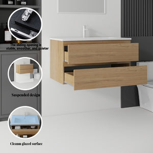 English Elm 36 Inch Floating Bathroom Vanity with Integrated Ceramic Sink and Soft Close Storage Oak B2775S00015