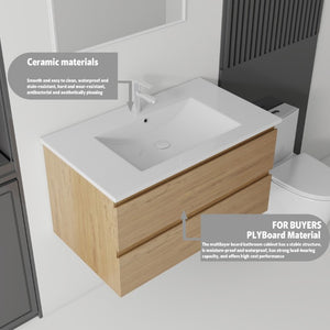 English Elm 36 Inch Floating Bathroom Vanity with Integrated Ceramic Sink and Soft Close Storage Oak B2775S00015