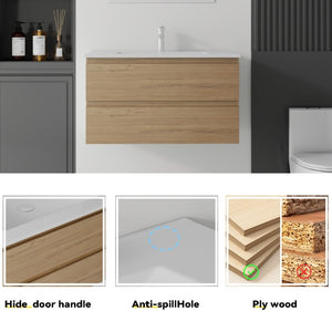 English Elm 36 Inch Floating Bathroom Vanity with Integrated Ceramic Sink and Soft Close Storage Oak B2775S00015