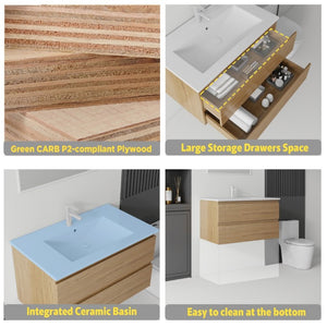 English Elm 36 Inch Floating Bathroom Vanity with Integrated Ceramic Sink and Soft Close Storage Oak B2775S00015