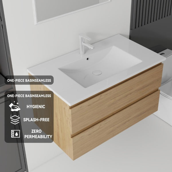 English Elm 36 Inch Floating Bathroom Vanity with Integrated Ceramic Sink and Soft Close Storage Oak B2775S00015