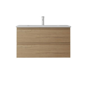 English Elm 36 Inch Floating Bathroom Vanity with Integrated Ceramic Sink and Soft Close Storage Oak B2775S00015