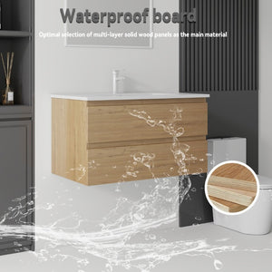 English Elm 36 Inch Floating Bathroom Vanity with Integrated Ceramic Sink and Soft Close Storage Oak B2775S00015