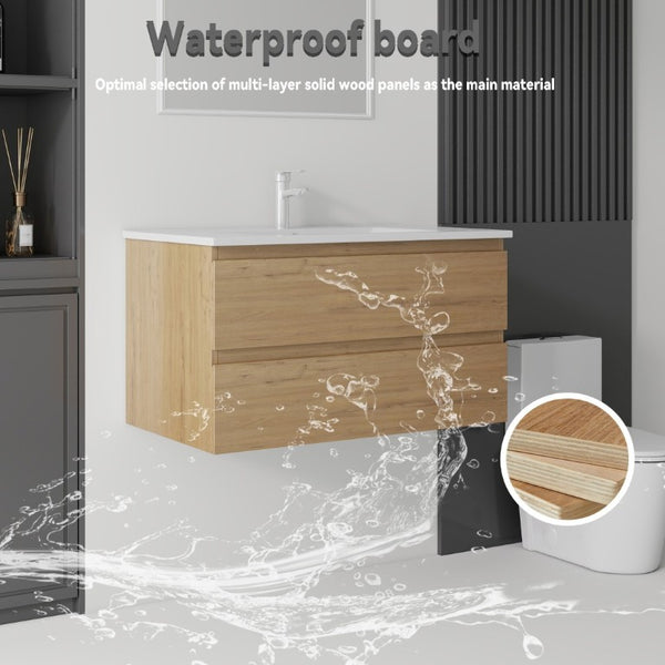 English Elm 36 Inch Floating Bathroom Vanity with Integrated Ceramic Sink and Soft Close Storage Oak B2775S00015