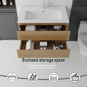 English Elm 36 Inch Floating Bathroom Vanity with Integrated Ceramic Sink and Soft Close Storage Oak B2775S00015
