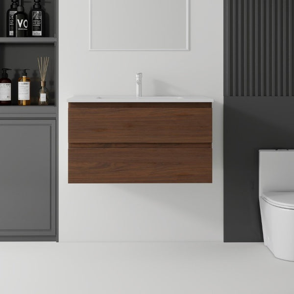 English Elm 36 Inch Floating Bathroom Vanity with Integrated Ceramic Sink and Soft Close Storage Brown B2775S00016