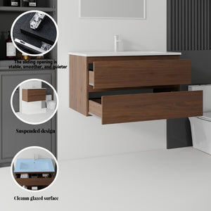 English Elm 36 Inch Floating Bathroom Vanity with Integrated Ceramic Sink and Soft Close Storage Brown B2775S00016