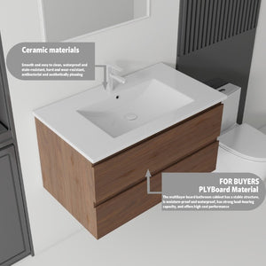 English Elm 36 Inch Floating Bathroom Vanity with Integrated Ceramic Sink and Soft Close Storage Brown B2775S00016