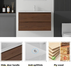English Elm 36 Inch Floating Bathroom Vanity with Integrated Ceramic Sink and Soft Close Storage Brown B2775S00016