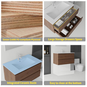English Elm 36 Inch Floating Bathroom Vanity with Integrated Ceramic Sink and Soft Close Storage Brown B2775S00016