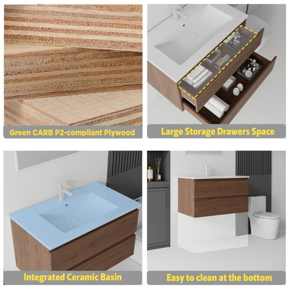 English Elm 36 Inch Floating Bathroom Vanity with Integrated Ceramic Sink and Soft Close Storage Brown B2775S00016