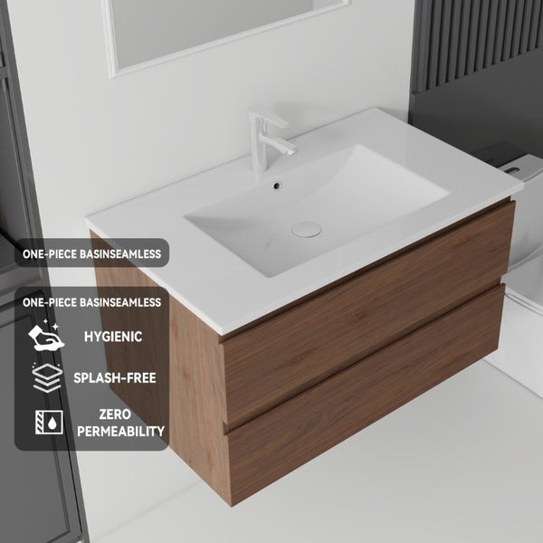 English Elm 36 Inch Floating Bathroom Vanity with Integrated Ceramic Sink and Soft Close Storage Brown B2775S00016