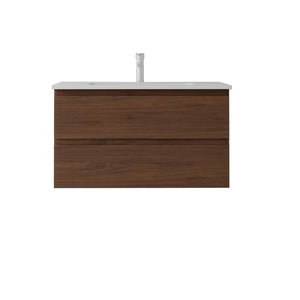 English Elm 36 Inch Floating Bathroom Vanity with Integrated Ceramic Sink and Soft Close Storage Brown B2775S00016