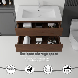 English Elm 36 Inch Floating Bathroom Vanity with Integrated Ceramic Sink and Soft Close Storage Brown B2775S00016