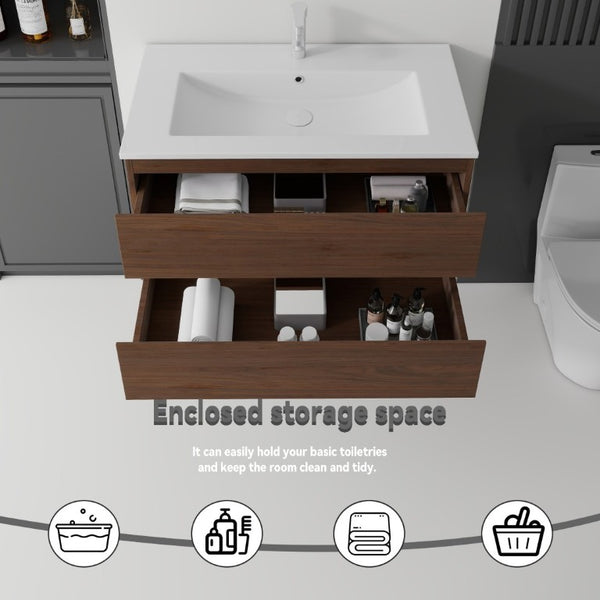 English Elm 36 Inch Floating Bathroom Vanity with Integrated Ceramic Sink and Soft Close Storage Brown B2775S00016