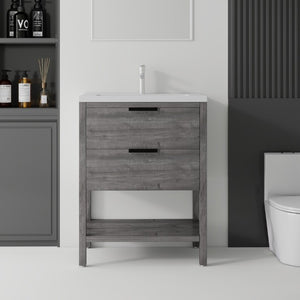 English Elm 24 Inch Freestanding Bathroom Vanity with Ceramic Sink Plywood Cabinet Soft Close Door Grey B2775S00017