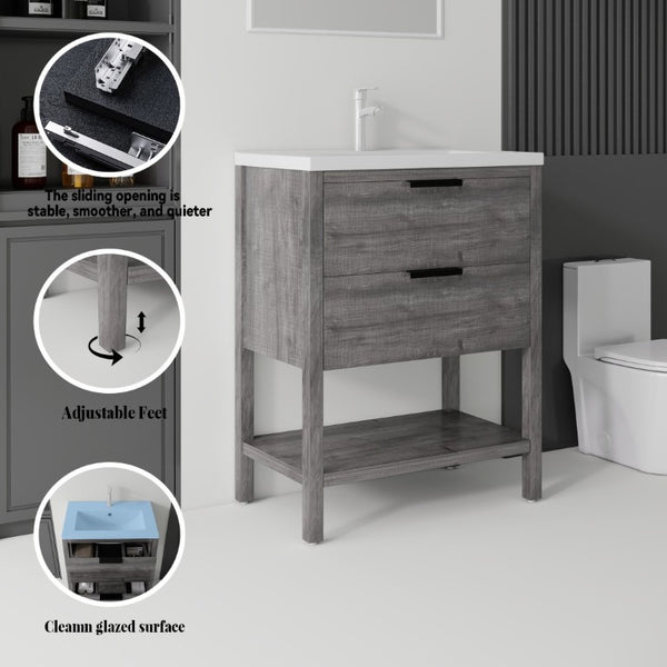 English Elm 24 Inch Freestanding Bathroom Vanity with Ceramic Sink Plywood Cabinet Soft Close Door Grey B2775S00017