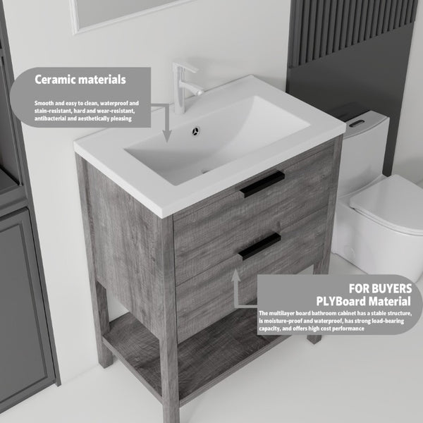 English Elm 24 Inch Freestanding Bathroom Vanity with Ceramic Sink Plywood Cabinet Soft Close Door Grey B2775S00017