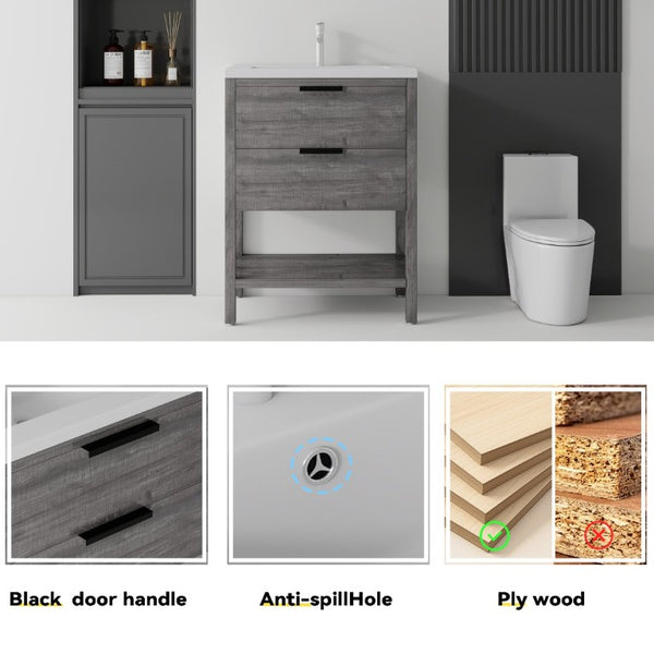 English Elm 24 Inch Freestanding Bathroom Vanity with Ceramic Sink Plywood Cabinet Soft Close Door Grey B2775S00017