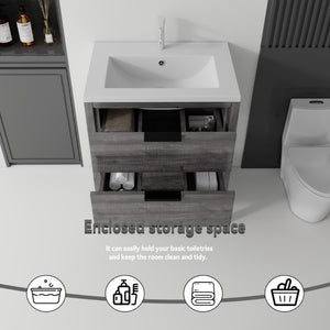 English Elm 24 Inch Freestanding Bathroom Vanity with Ceramic Sink Plywood Cabinet Soft Close Door Grey B2775S00017