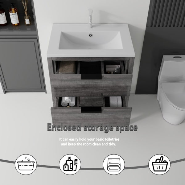 English Elm 24 Inch Freestanding Bathroom Vanity with Ceramic Sink Plywood Cabinet Soft Close Door Grey B2775S00017