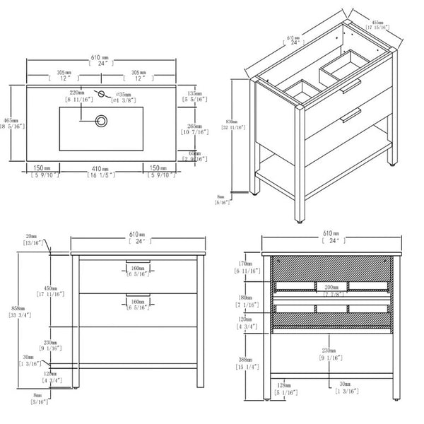 English Elm 24 Inch Freestanding Bathroom Vanity with Ceramic Sink Plywood Cabinet Soft Close Door Oak B2775S00018