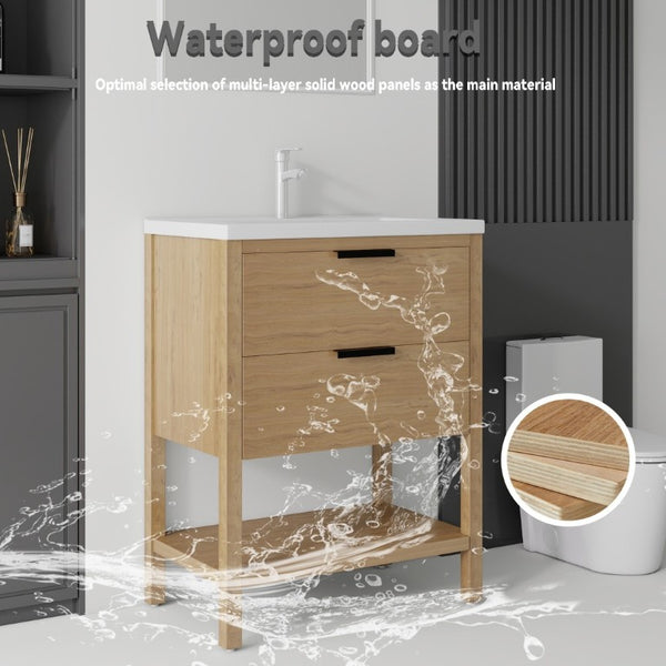 English Elm 24 Inch Freestanding Bathroom Vanity with Ceramic Sink Plywood Cabinet Soft Close Door Oak B2775S00018