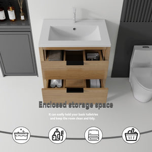 English Elm 24 Inch Freestanding Bathroom Vanity with Ceramic Sink Plywood Cabinet Soft Close Door Oak B2775S00018