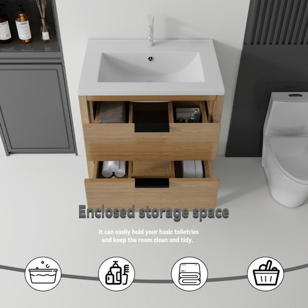 English Elm 24 Inch Freestanding Bathroom Vanity with Ceramic Sink Plywood Cabinet Soft Close Door Oak B2775S00018