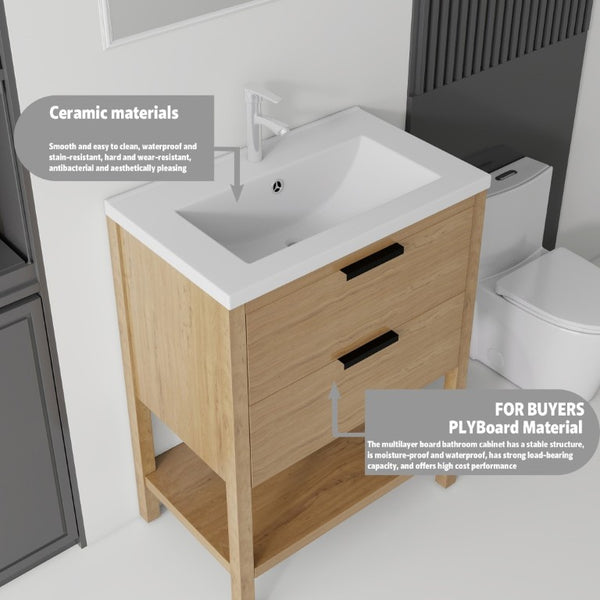 English Elm 24 Inch Freestanding Bathroom Vanity with Ceramic Sink Plywood Cabinet Soft Close Door Oak B2775S00018