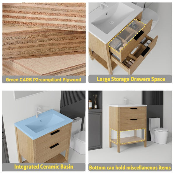 English Elm 24 Inch Freestanding Bathroom Vanity with Ceramic Sink Plywood Cabinet Soft Close Door Oak B2775S00018