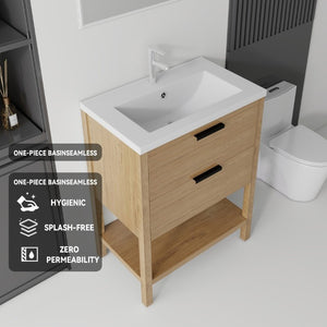 English Elm 24 Inch Freestanding Bathroom Vanity with Ceramic Sink Plywood Cabinet Soft Close Door Oak B2775S00018