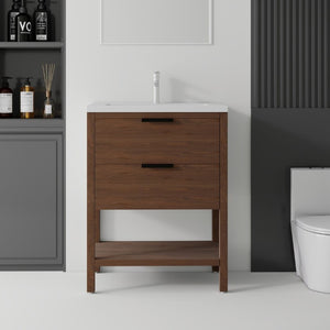 English Elm 24 Inch Freestanding Bathroom Vanity with Ceramic Sink Plywood Cabinet Soft Close Door Brown B2775S00019