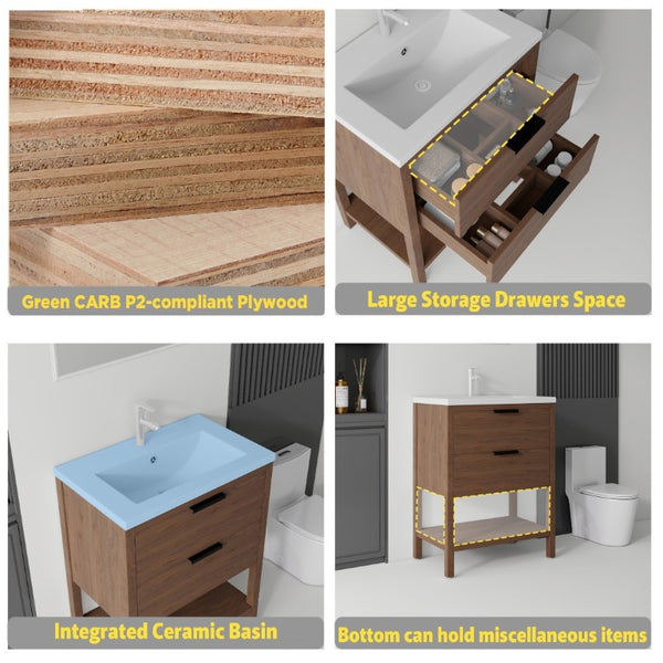 English Elm 24 Inch Freestanding Bathroom Vanity with Ceramic Sink Plywood Cabinet Soft Close Door Brown B2775S00019