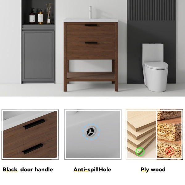 English Elm 24 Inch Freestanding Bathroom Vanity with Ceramic Sink Plywood Cabinet Soft Close Door Brown B2775S00019