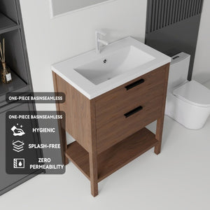 English Elm 24 Inch Freestanding Bathroom Vanity with Ceramic Sink Plywood Cabinet Soft Close Door Brown B2775S00019