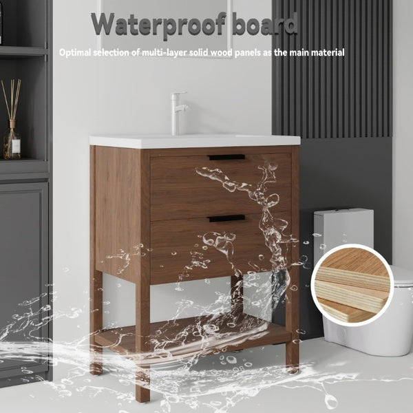 English Elm 24 Inch Freestanding Bathroom Vanity with Ceramic Sink Plywood Cabinet Soft Close Door Brown B2775S00019