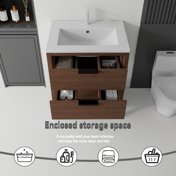 English Elm 24 Inch Freestanding Bathroom Vanity with Ceramic Sink Plywood Cabinet Soft Close Door Brown B2775S00019