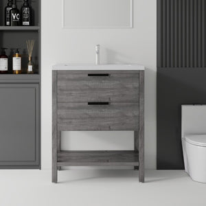 English Elm 30 Inch Freestanding Bathroom Vanity Plywood Cabinet with Ceramic Integrated Sink Grey B2775S00020
