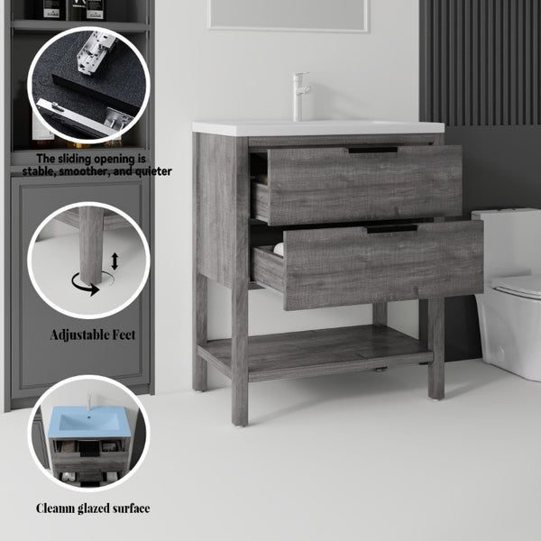 English Elm 30 Inch Freestanding Bathroom Vanity Plywood Cabinet with Ceramic Integrated Sink Grey B2775S00020