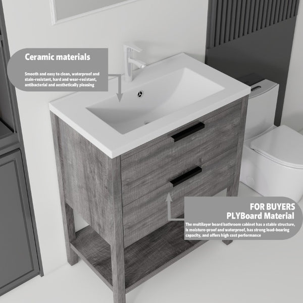 English Elm 30 Inch Freestanding Bathroom Vanity Plywood Cabinet with Ceramic Integrated Sink Grey B2775S00020