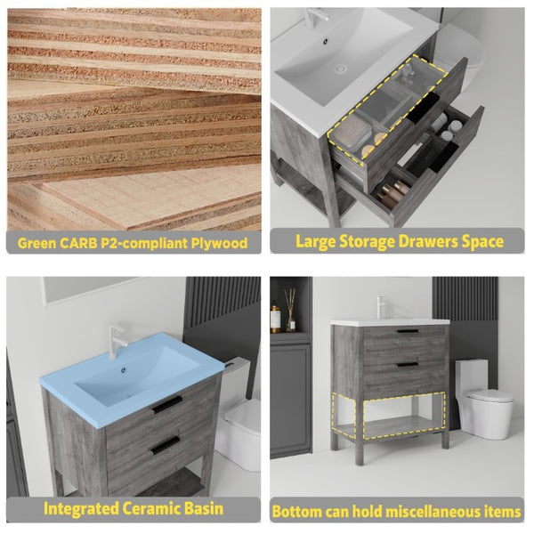 English Elm 30 Inch Freestanding Bathroom Vanity Plywood Cabinet with Ceramic Integrated Sink Grey B2775S00020