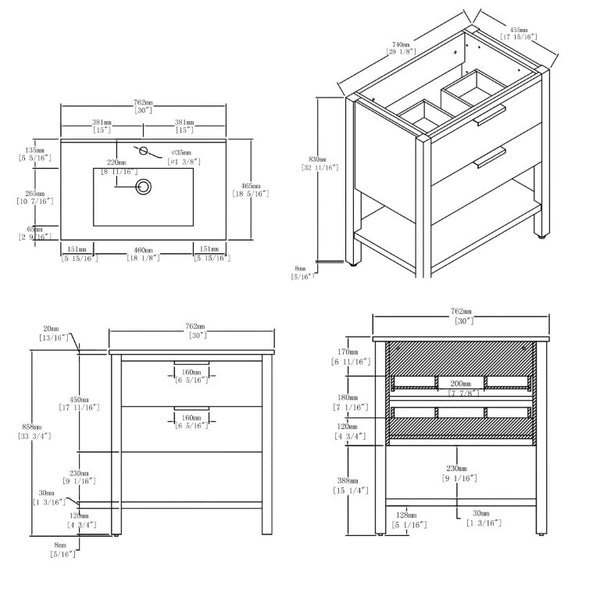 English Elm 30 Inch Freestanding Bathroom Vanity Plywood Cabinet with Ceramic Integrated Sink Grey B2775S00020