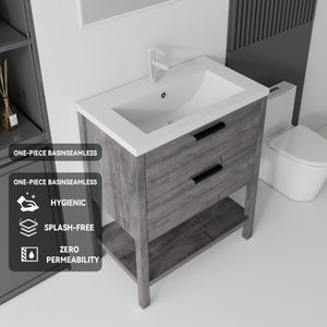 English Elm 30 Inch Freestanding Bathroom Vanity Plywood Cabinet with Ceramic Integrated Sink Grey B2775S00020