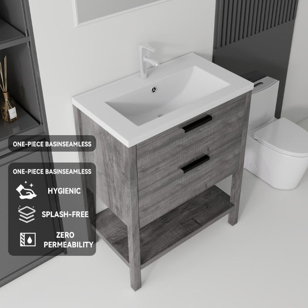 English Elm 30 Inch Freestanding Bathroom Vanity Plywood Cabinet with Ceramic Integrated Sink Grey B2775S00020